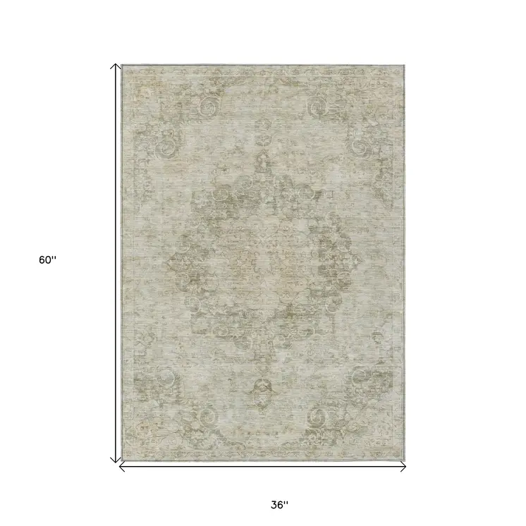 3' X 5' Sage Floral Medallion Washable Indoor Outdoor Area Rug