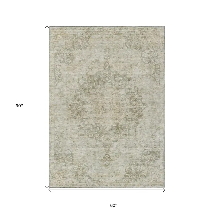 5' X 8' Sage Floral Medallion Washable Indoor Outdoor Area Rug