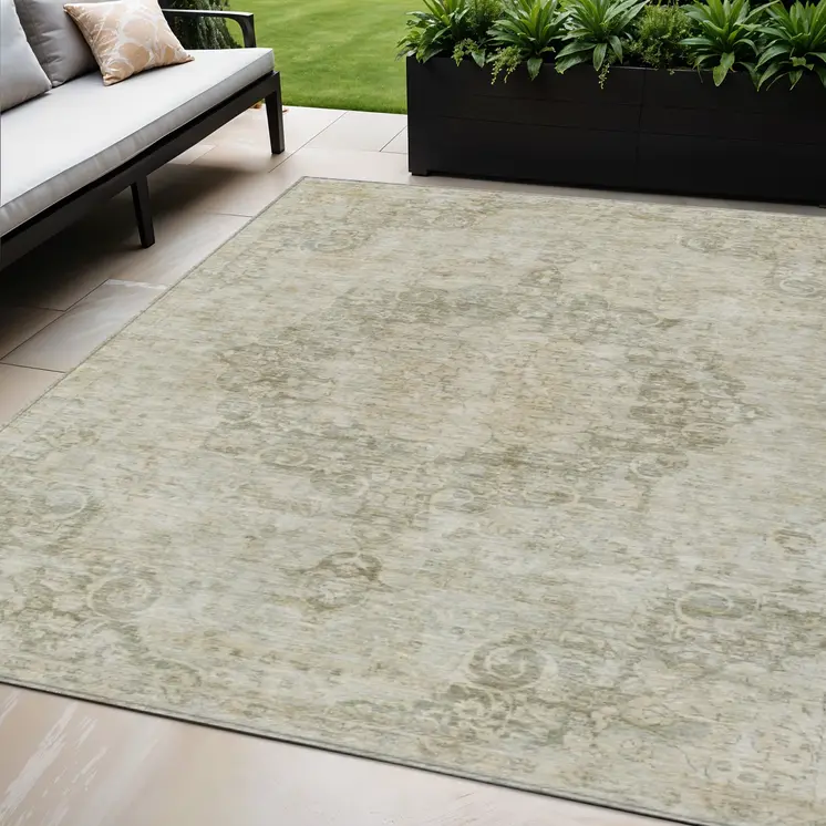 5' X 8' Sage Floral Medallion Washable Indoor Outdoor Area Rug