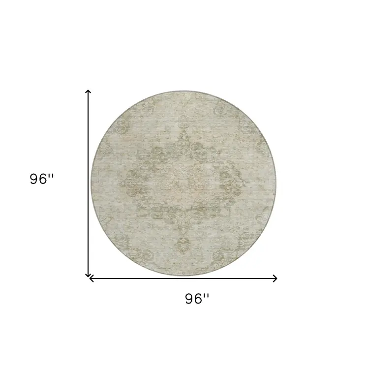 8' Sage Round Floral Medallion Washable Indoor Outdoor Area Rug