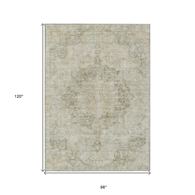 8' X 10' Sage Floral Medallion Washable Indoor Outdoor Area Rug