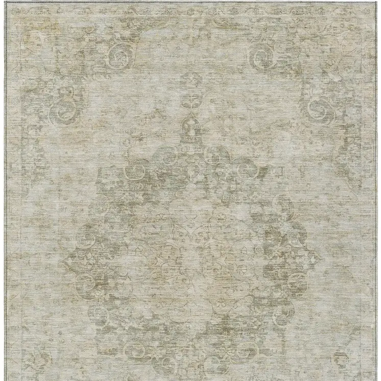 9' X 12' Sage Floral Medallion Washable Indoor Outdoor Area Rug