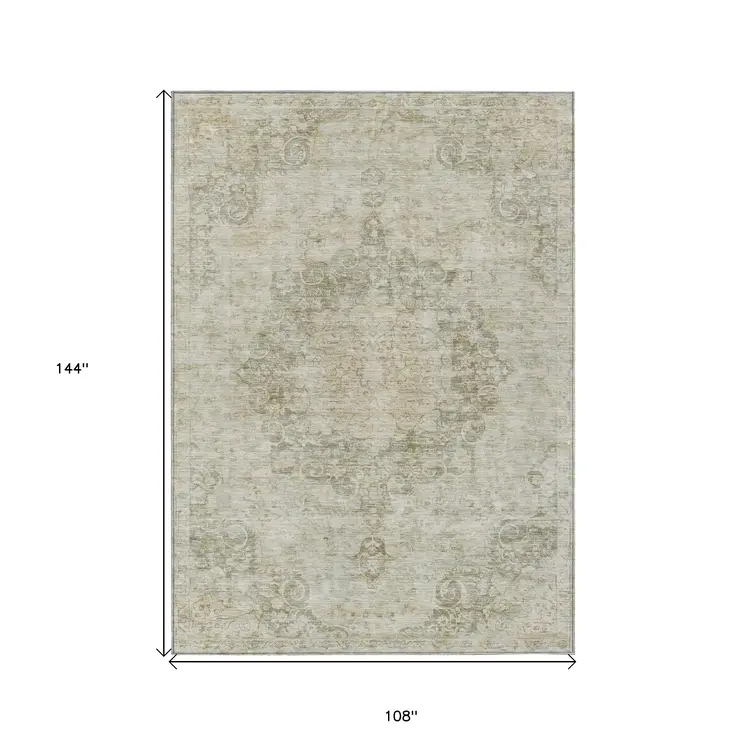 9' X 12' Sage Floral Medallion Washable Indoor Outdoor Area Rug