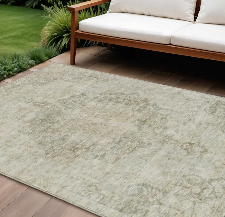 9' X 12' Sage Floral Medallion Washable Indoor Outdoor Area Rug