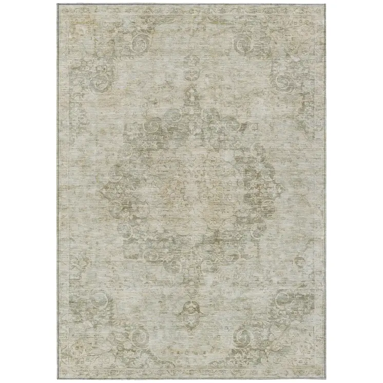 9' X 12' Sage Floral Medallion Washable Indoor Outdoor Area Rug