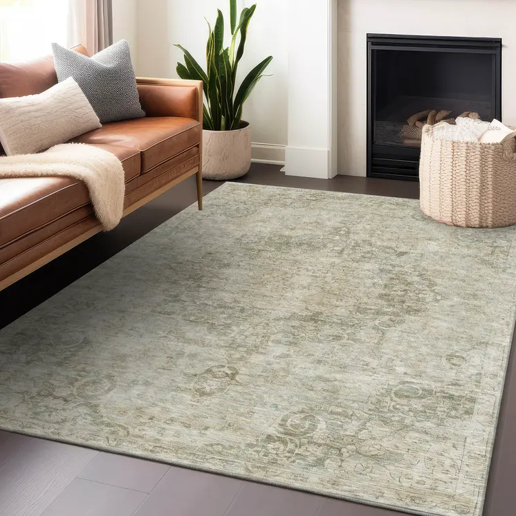 9' X 12' Sage Floral Medallion Washable Indoor Outdoor Area Rug