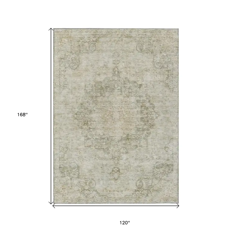 10' X 14' Sage Floral Medallion Washable Indoor Outdoor Area Rug