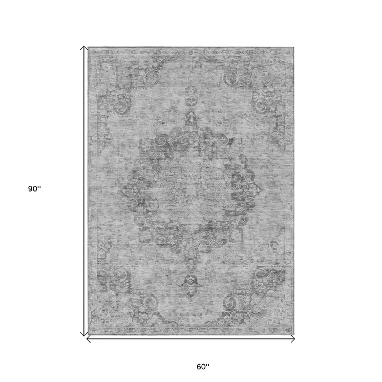 5' X 8' Silver Floral Medallion Washable Indoor Outdoor Area Rug