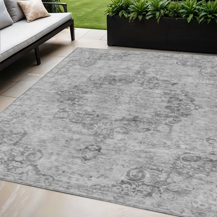 5' X 8' Silver Floral Medallion Washable Indoor Outdoor Area Rug