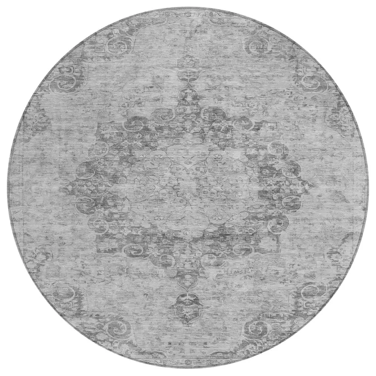 8' Silver Round Floral Medallion Washable Indoor Outdoor Area Rug