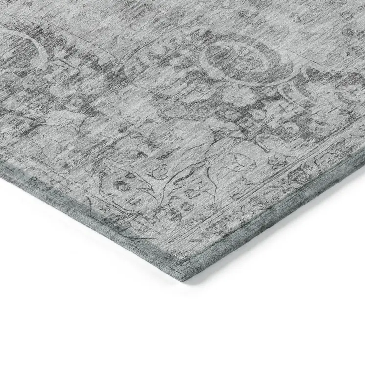 8' Silver Round Floral Medallion Washable Indoor Outdoor Area Rug