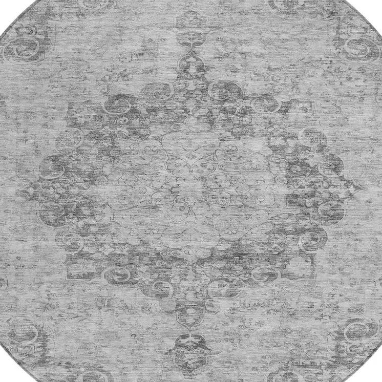 8' Silver Round Floral Medallion Washable Indoor Outdoor Area Rug