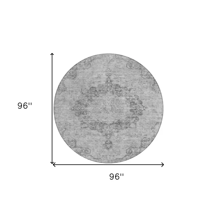 8' Silver Round Floral Medallion Washable Indoor Outdoor Area Rug