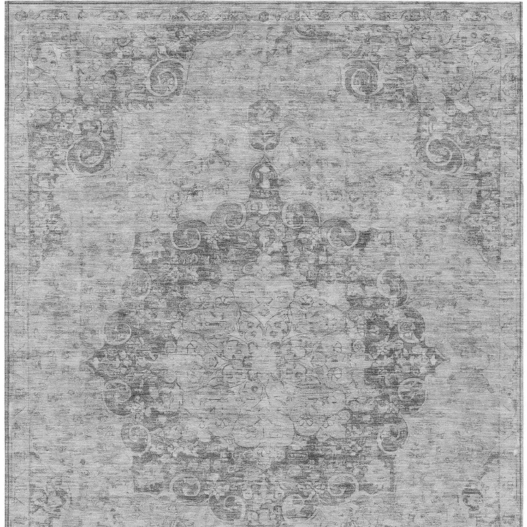 8' X 10' Silver Floral Medallion Washable Indoor Outdoor Area Rug