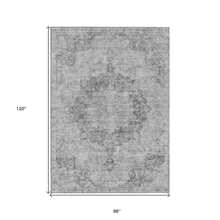 8' X 10' Silver Floral Medallion Washable Indoor Outdoor Area Rug