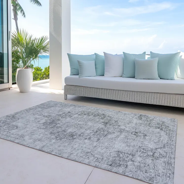 8' X 10' Silver Floral Medallion Washable Indoor Outdoor Area Rug