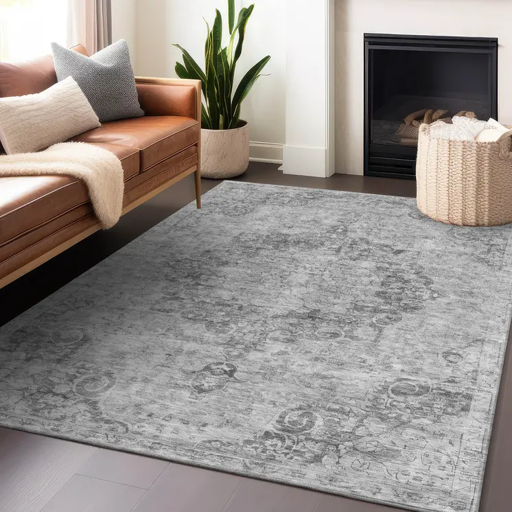 8' X 10' Silver Floral Medallion Washable Indoor Outdoor Area Rug