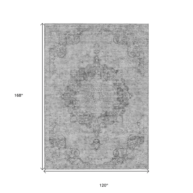 10' X 14' Silver Floral Medallion Washable Indoor Outdoor Area Rug