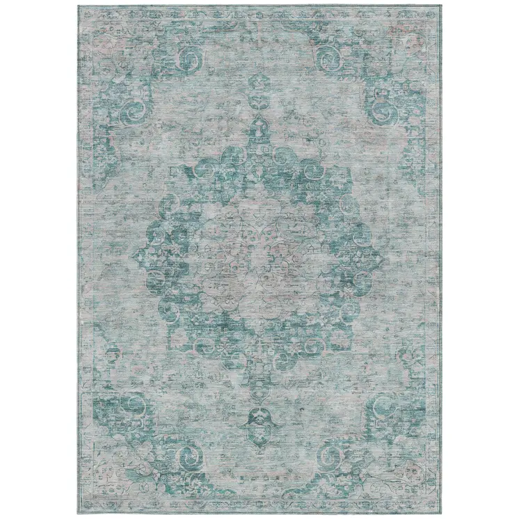 5' X 8' Teal Blue Floral Medallion Washable Indoor Outdoor Area Rug