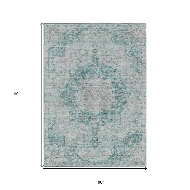 5' X 8' Teal Blue Floral Medallion Washable Indoor Outdoor Area Rug