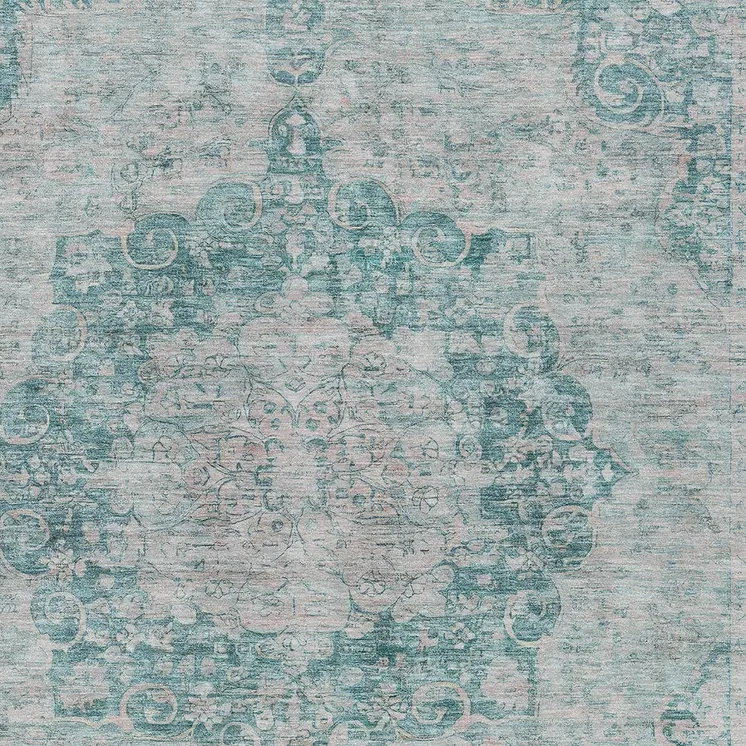 5' X 8' Teal Blue Floral Medallion Washable Indoor Outdoor Area Rug