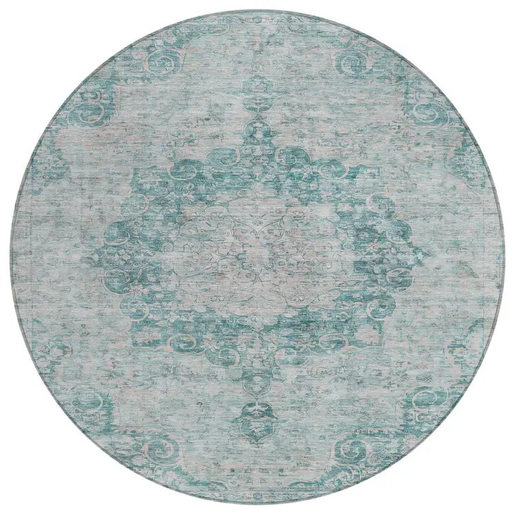 8' Teal Blue Round Floral Medallion Washable Indoor Outdoor Area Rug
