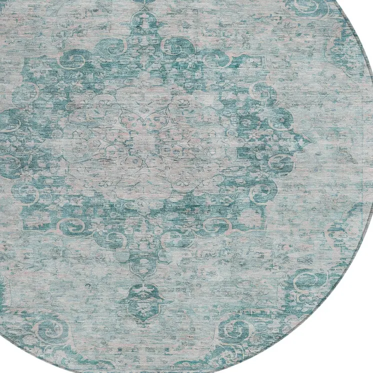 8' Teal Blue Round Floral Medallion Washable Indoor Outdoor Area Rug