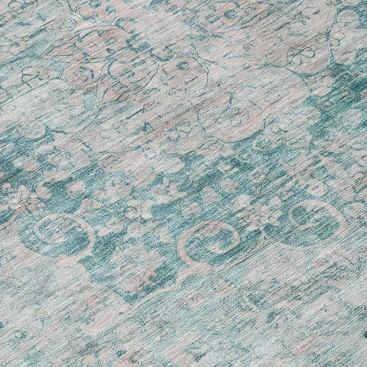 8' Teal Blue Round Floral Medallion Washable Indoor Outdoor Area Rug