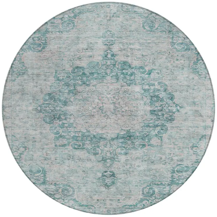 8' Teal Blue Round Floral Medallion Washable Indoor Outdoor Area Rug
