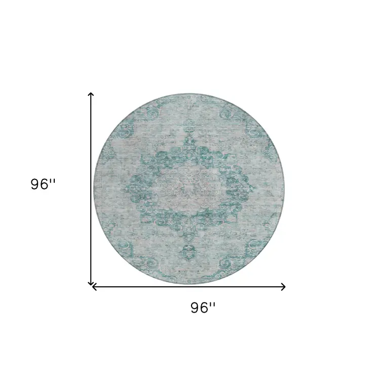 8' Teal Blue Round Floral Medallion Washable Indoor Outdoor Area Rug