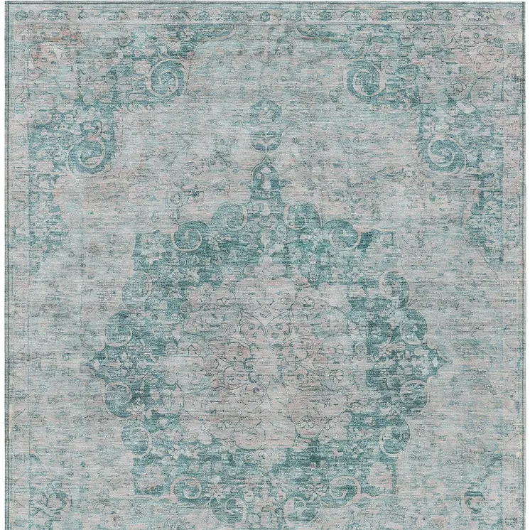 8' X 10' Teal Blue Floral Medallion Washable Indoor Outdoor Area Rug