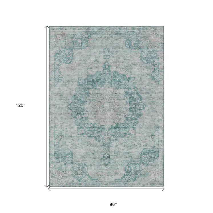 8' X 10' Teal Blue Floral Medallion Washable Indoor Outdoor Area Rug