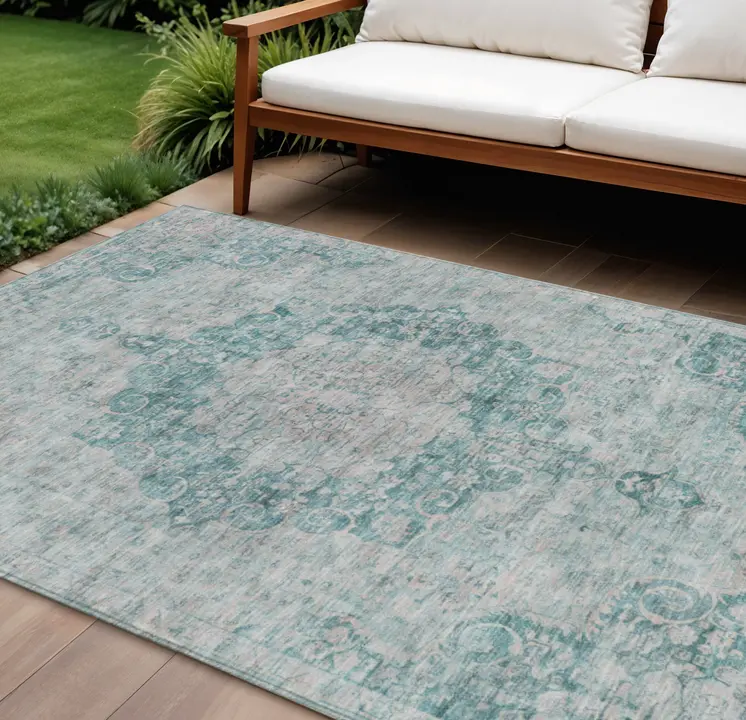 8' X 10' Teal Blue Floral Medallion Washable Indoor Outdoor Area Rug