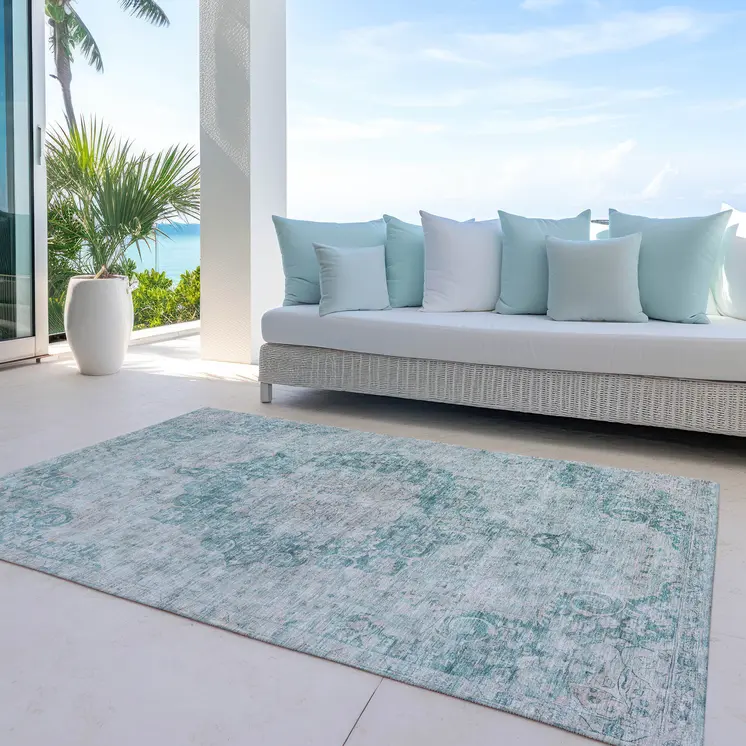 8' X 10' Teal Blue Floral Medallion Washable Indoor Outdoor Area Rug