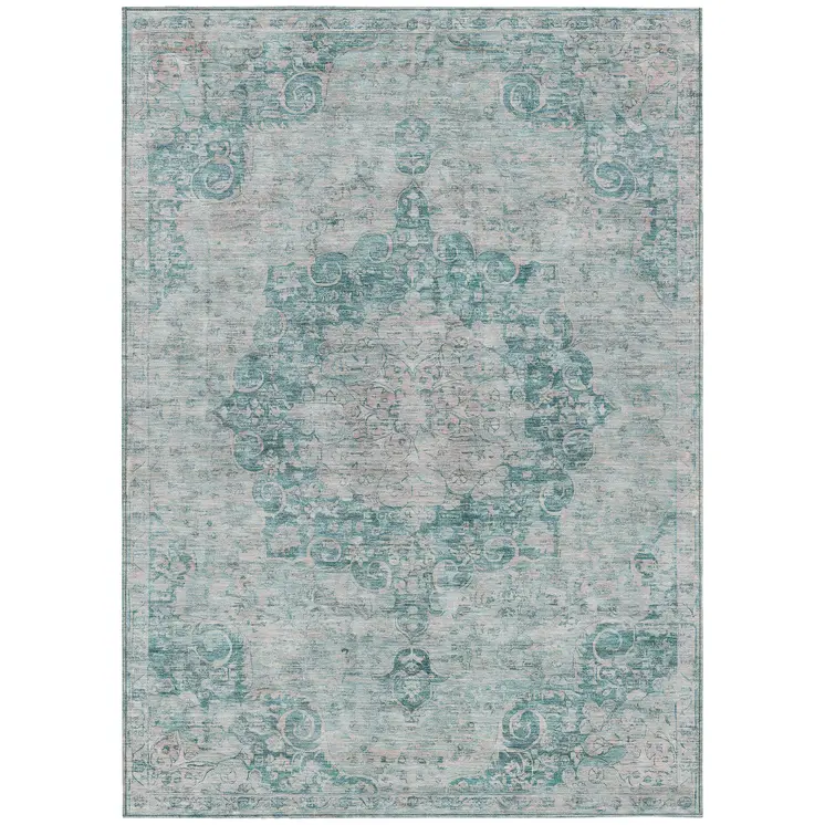 8' X 10' Teal Blue Floral Medallion Washable Indoor Outdoor Area Rug
