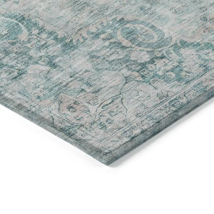 8' X 10' Teal Blue Floral Medallion Washable Indoor Outdoor Area Rug