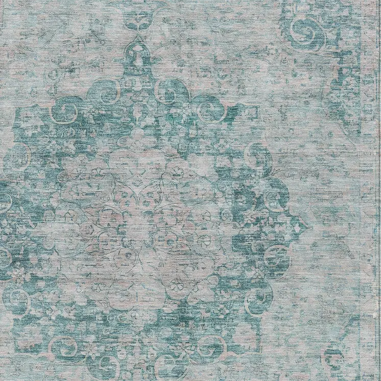 8' X 10' Teal Blue Floral Medallion Washable Indoor Outdoor Area Rug