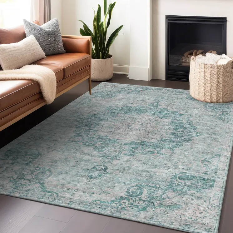 8' X 10' Teal Blue Floral Medallion Washable Indoor Outdoor Area Rug