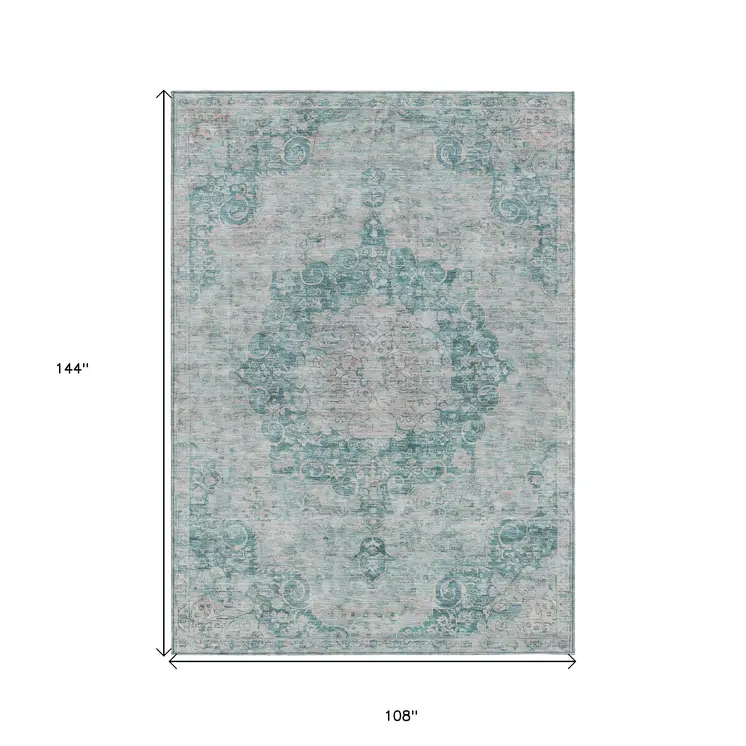 9' X 12' Teal Blue Floral Medallion Washable Indoor Outdoor Area Rug