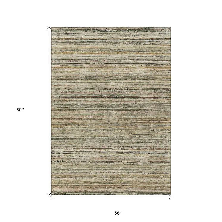 3' X 5' Beige Striped Washable Indoor Outdoor Area Rug