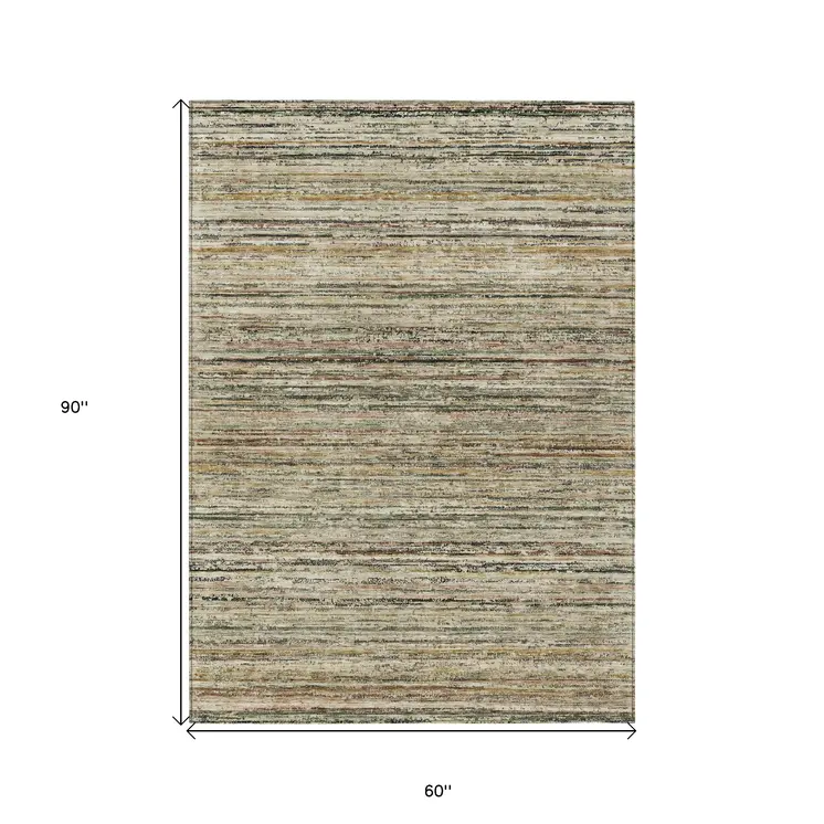 5' X 8' Beige Striped Washable Indoor Outdoor Area Rug