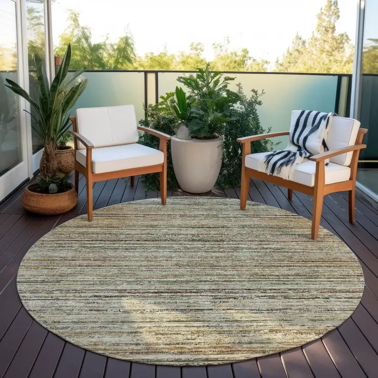 8' Beige Round Striped Washable Indoor Outdoor Area Rug
