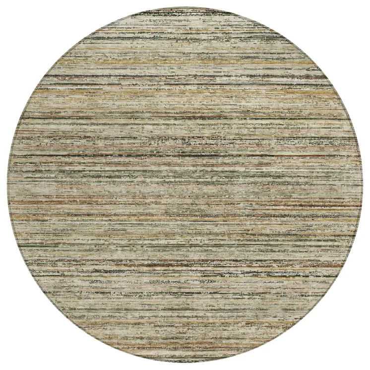 8' Beige Round Striped Washable Indoor Outdoor Area Rug