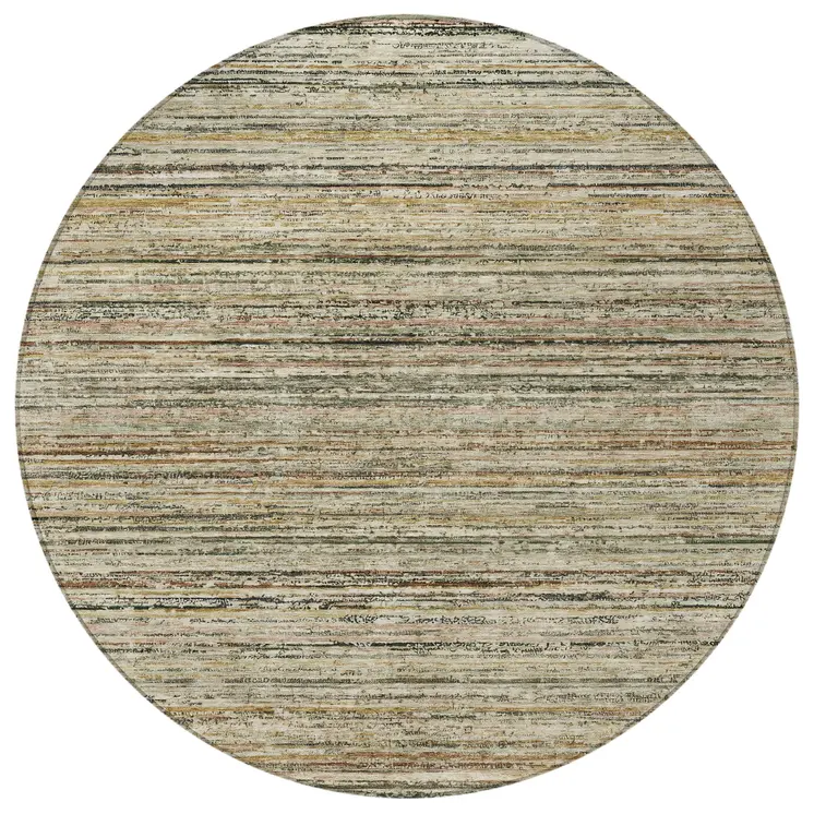 8' Beige Round Striped Washable Indoor Outdoor Area Rug