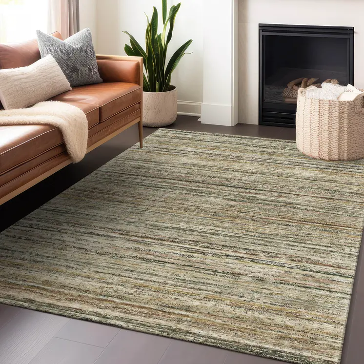 8' X 10' Beige Striped Washable Indoor Outdoor Area Rug