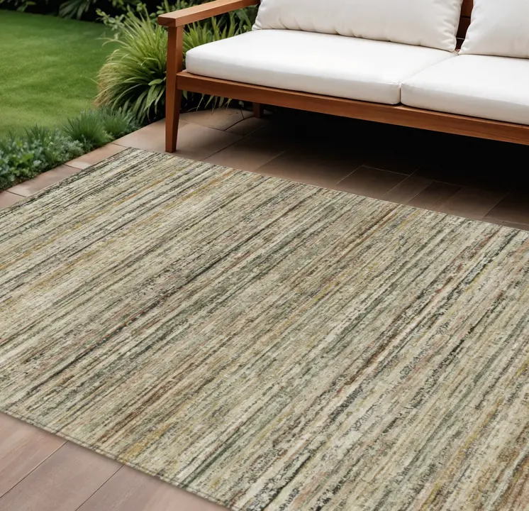 10' X 14' Beige Striped Washable Indoor Outdoor Area Rug