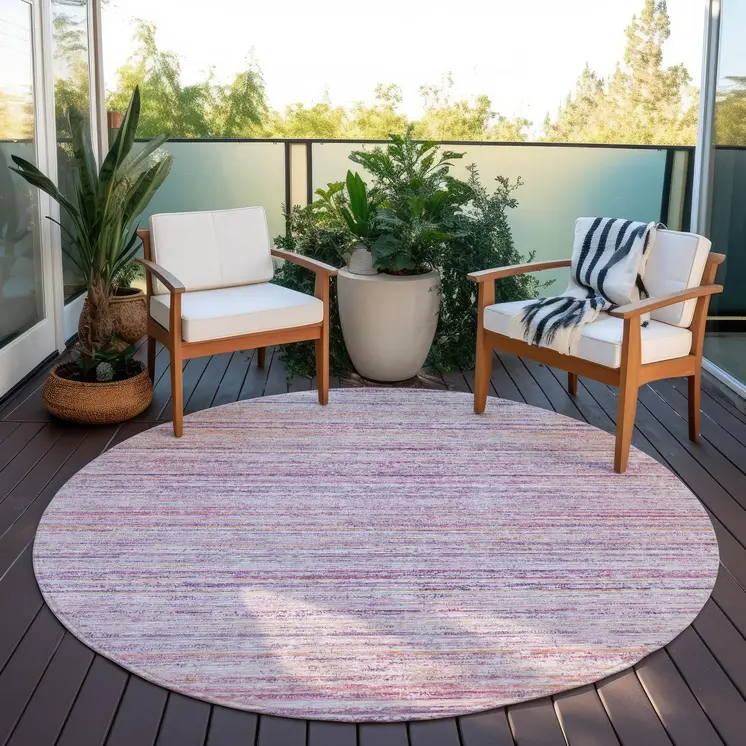 8' Mauve Round Striped Washable Indoor Outdoor Area Rug