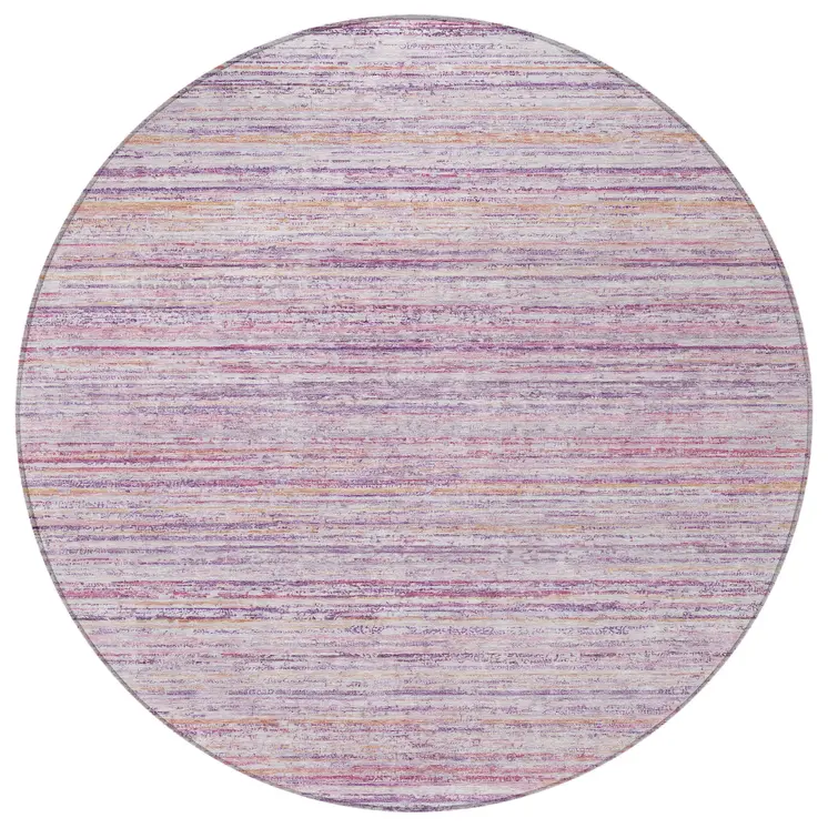 8' Mauve Round Striped Washable Indoor Outdoor Area Rug
