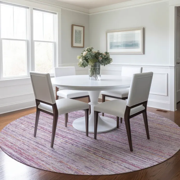8' Mauve Round Striped Washable Indoor Outdoor Area Rug