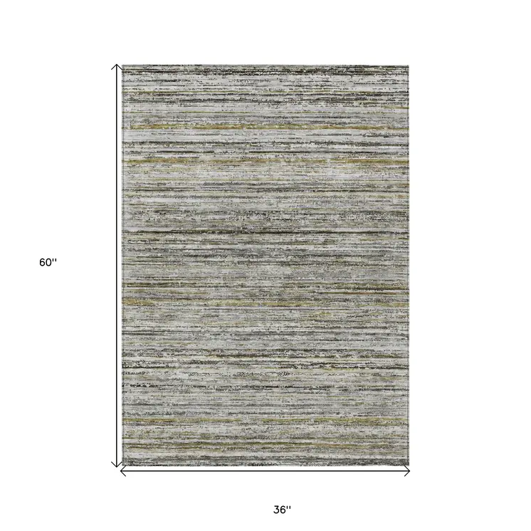 3' X 5' Pewter Striped Washable Indoor Outdoor Area Rug